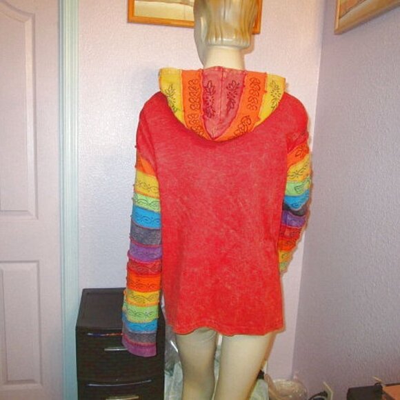 Rising SUNBURST Rainbow Size 2X HOODIE Full Zip SLASHED Jacket HIPPIE Boho ARTSY - Picture 6 of 11